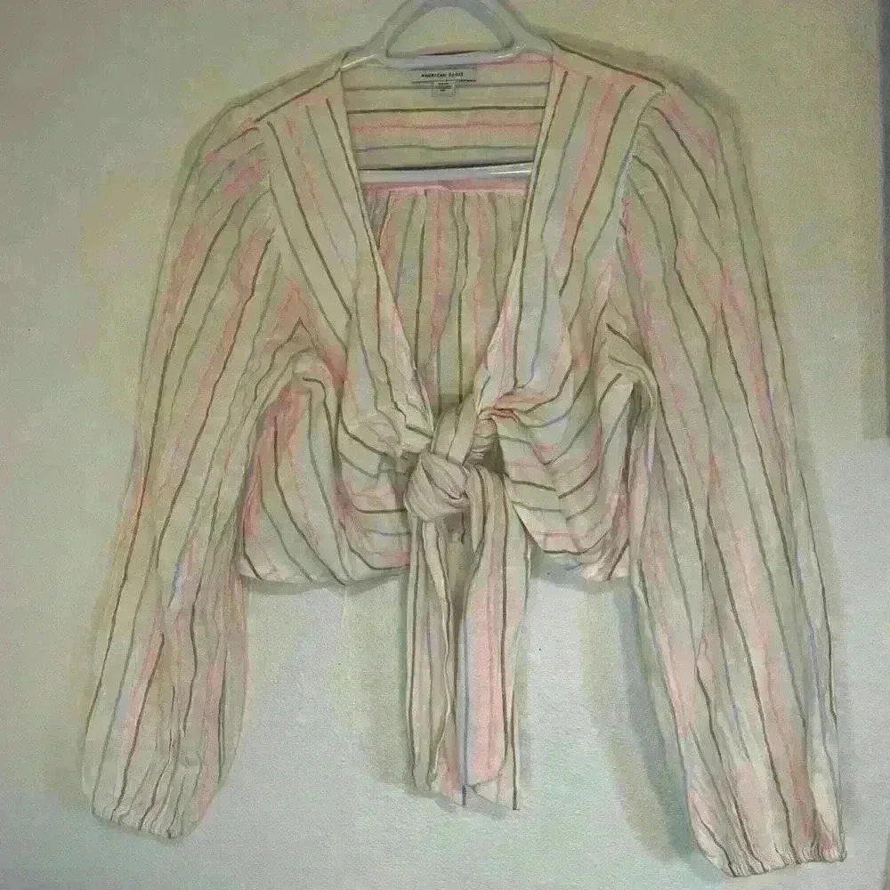 American Eagle Crop Tie Front Long Sleeve Stripe Linen Blend Top size Small
